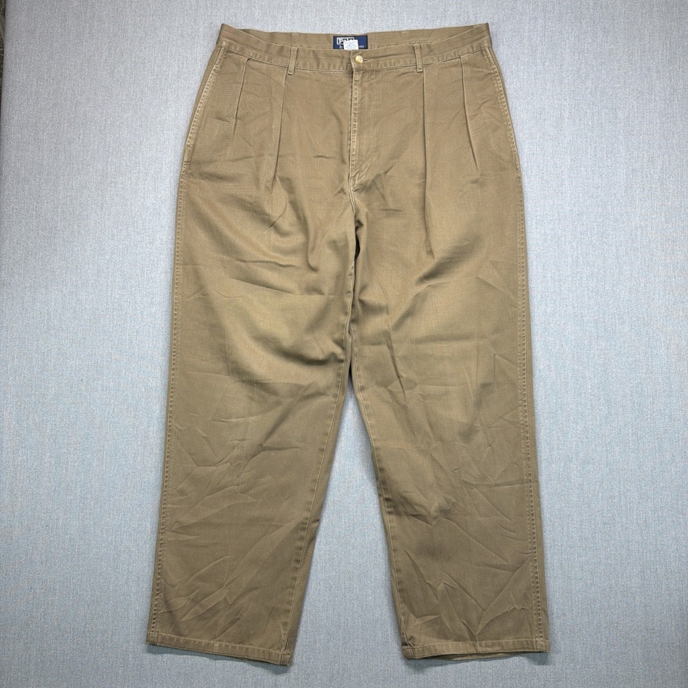 VTG POLO RALPH LAUREN 90s Double Pleated Chino Cotton Brown 36x30 (Fits‎ 36x28)
